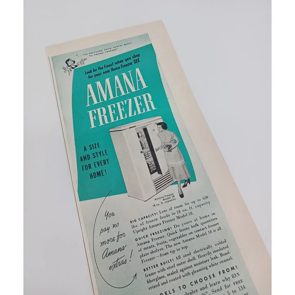 1949 Vintage Amana Freezer Model 18 White Water Heater Print Ad 1940s Housewife